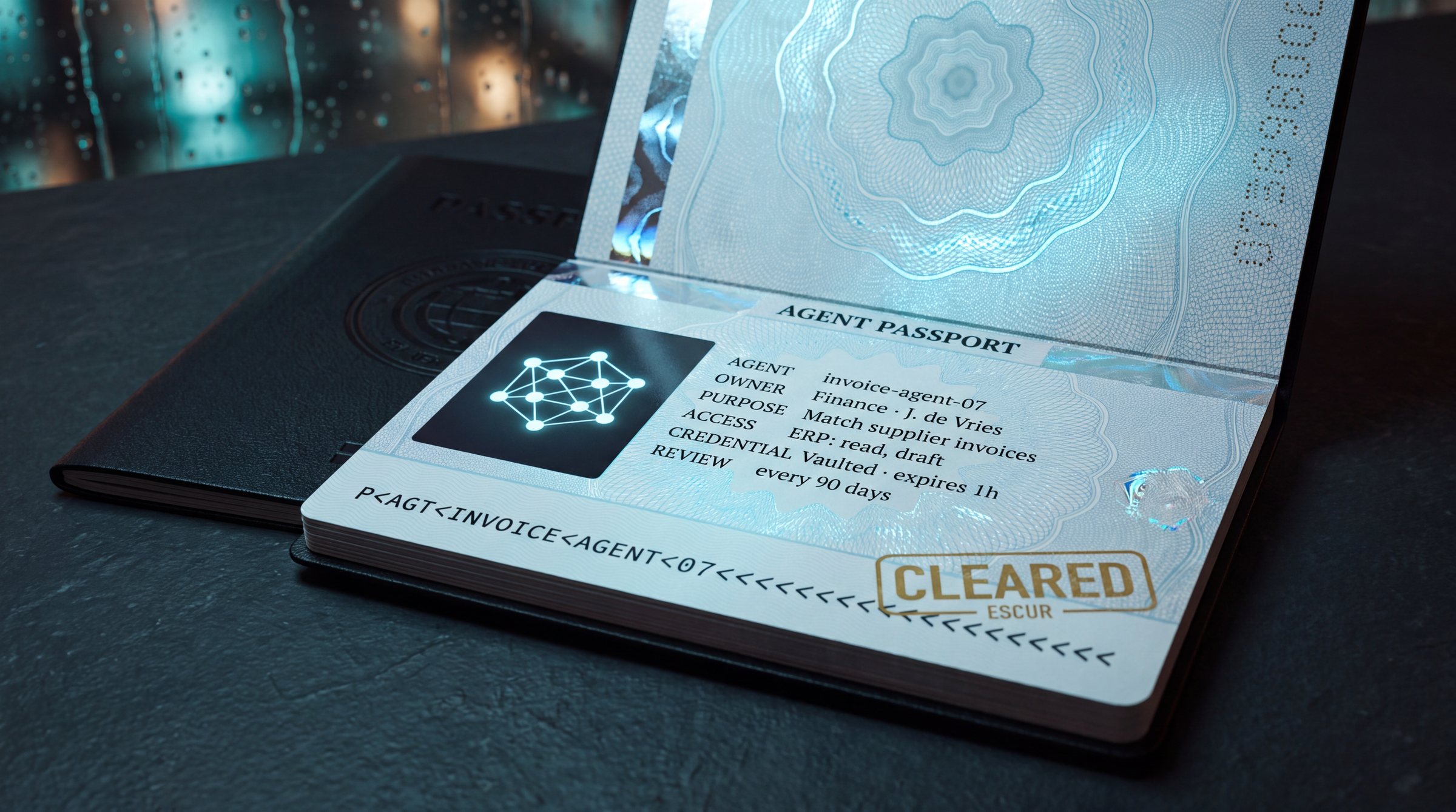 An open AI agent passport for invoice-agent-07 with owner, purpose, access, credential and review fields, stamped Cleared
